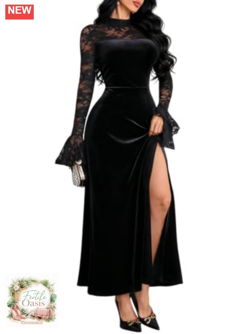 Women's Velvet Cocktail Bodycon Bell Sleeve Maxi Dress Long Slit Party